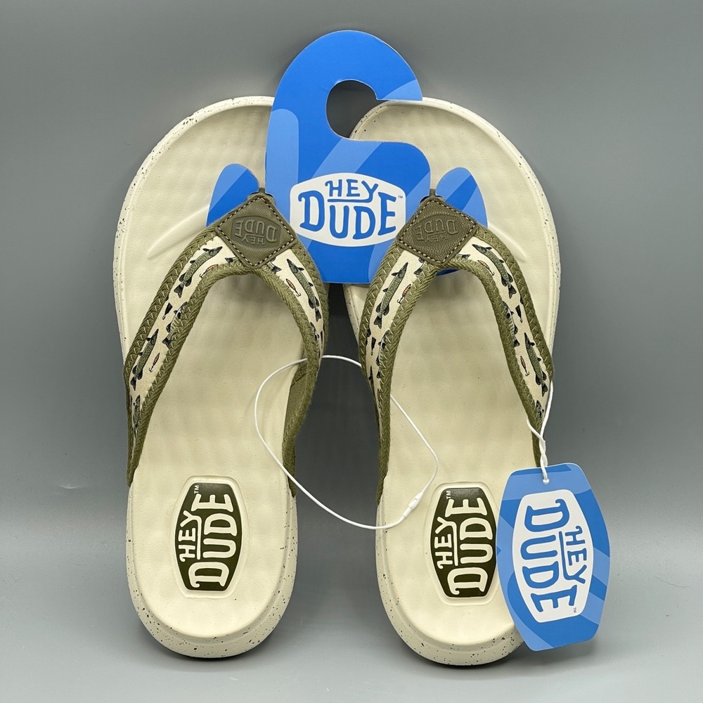 Hey Dude Men's 9 Flip Flops Sandals Green Tan Fishing Lure Comfort Myers